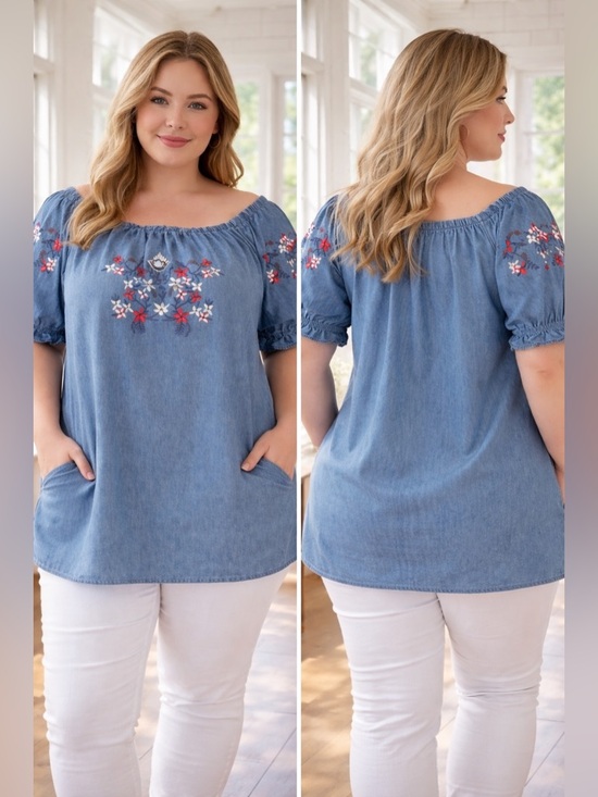 J Gee Tops - Embroidered Off-Shoulder Chambray Tunic Top - Blue 3X
